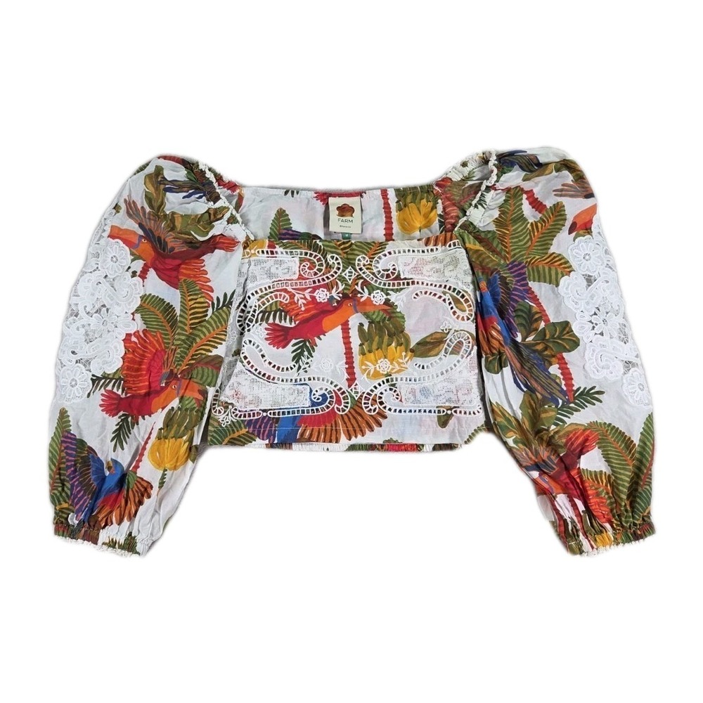 Farm Rio Top Womens Medium Cropped Bird Tropical Embroidered Floral - Picture 2 of 15